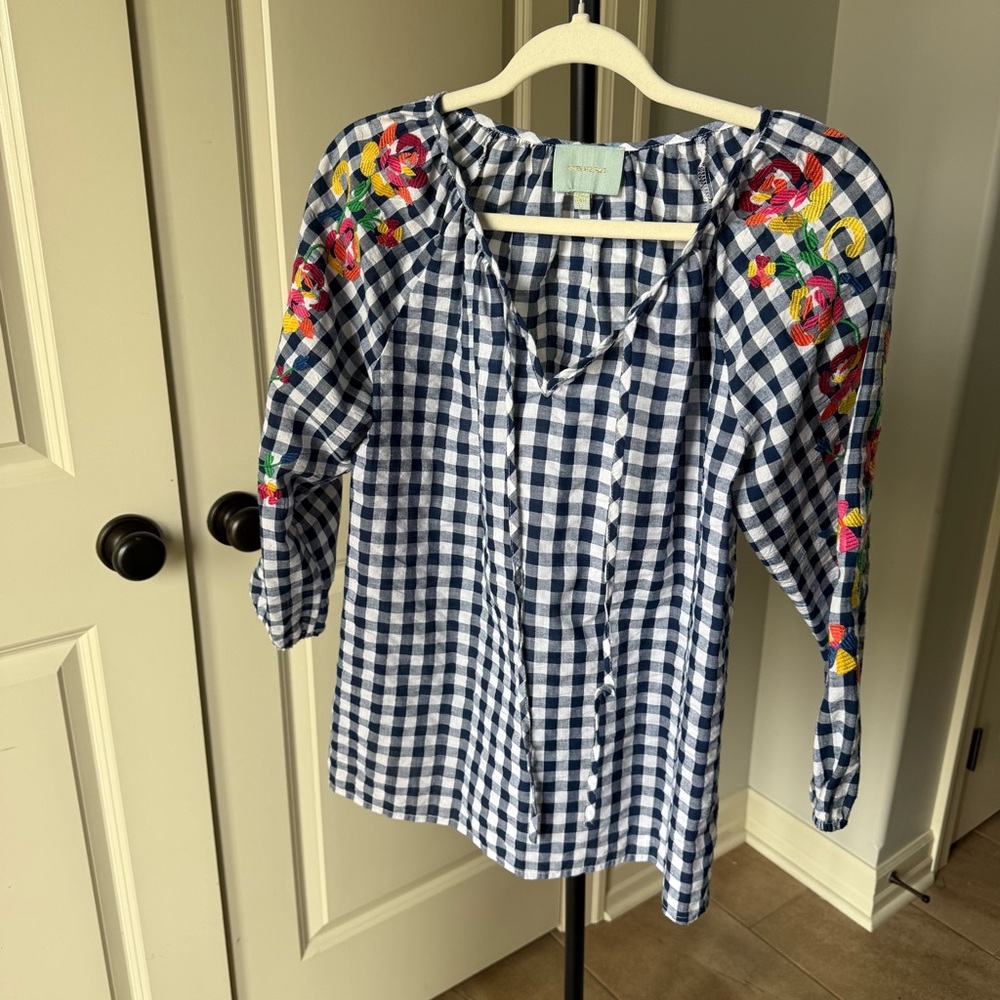 Anthro Style Gingham Embroidered Peasant Blouse Floral Sleeve Boho Top Size L